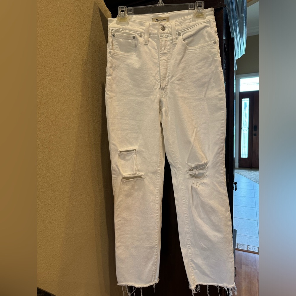 Madewell distressed the perfect vintage straight white jeans.